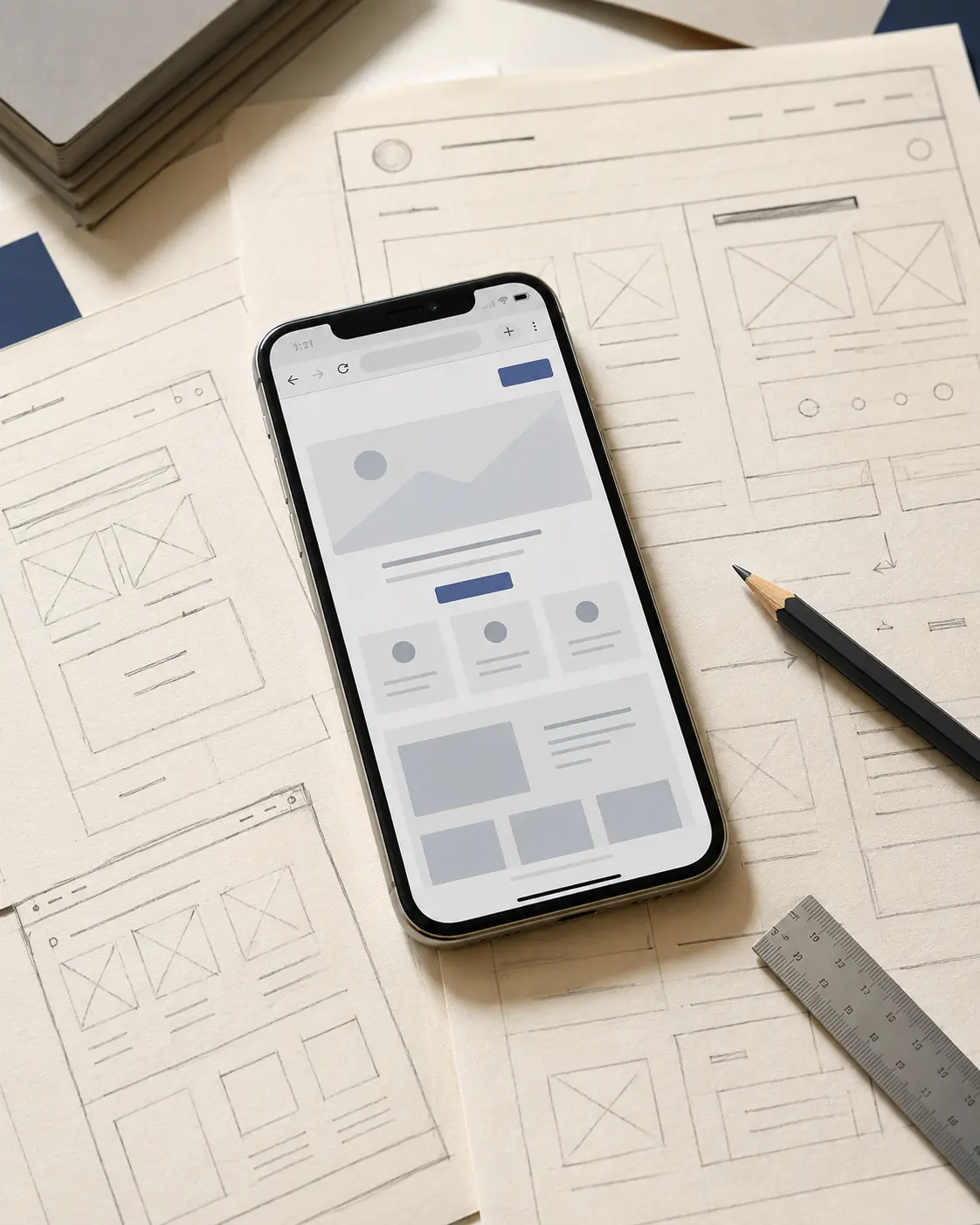 Mobile browser with sketched website wireframes